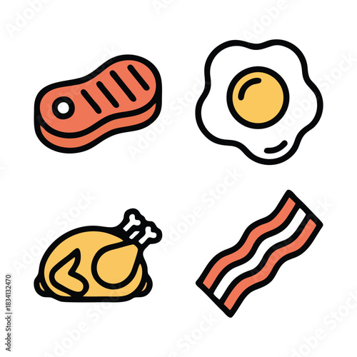 Classic Breakfast and Meat Icon Set: Steak, Egg, Chicken, and Bacon Vector Graphics