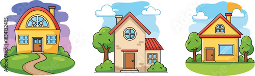 Cartoon suburban house illustrations vector set featuring cozy family homes with gardens trees and colorful exteriors