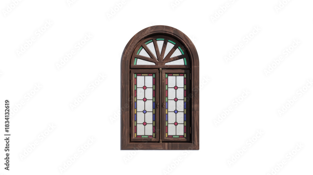 Obraz premium Beautiful arched wooden window featuring intricate stained glass panels with colorful geometric and sunburst patterns, set against a solid transparent background. background removed