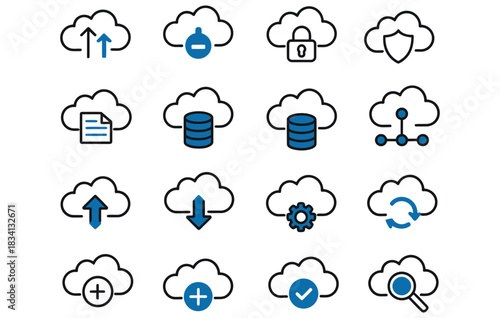 Modern cloud computing icons offer streamlined digital solutions for your business, ensuring secure data storage, easy file sharing, and efficient workflow management across all devices