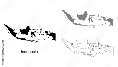 Indonesia map set. Indonesia map vector. Indonesia map on silhouette, gray, and outline