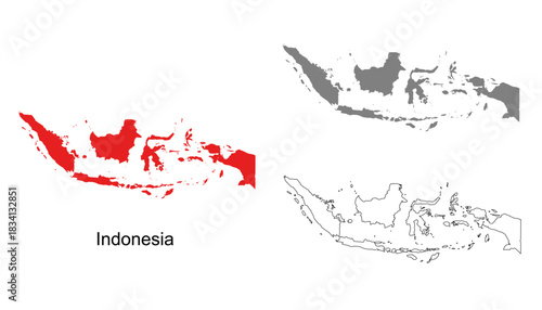 Indonesia map set. Indonesia map vector. Indonesia map on red, gray, and outline
