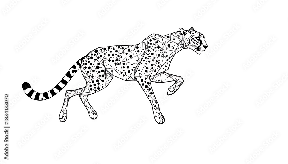 Fototapeta premium Geometric cheetah illustration with black spots and lines on white background big cat animal