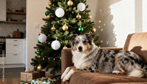 Merle australian shepherd dog resting on a couch next to a decorated christmas tree indoors