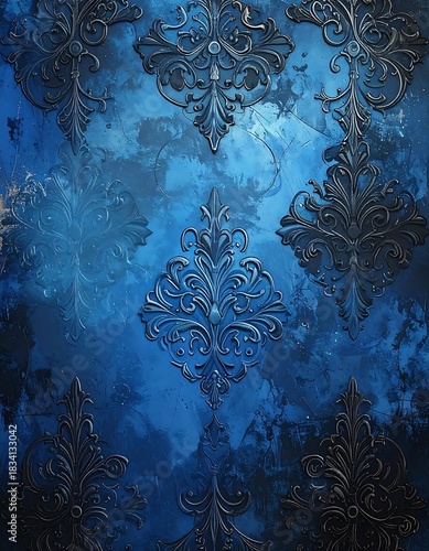 Elegant dark blue background with ornamental raised damask-like filigree details creates a regal and textured feel