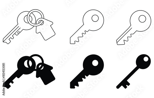 Unlock your dreams with these modern key icons, perfect for real estate, security, and homeownership ventures, available in both sleek black and white outline styles for versatile design needs