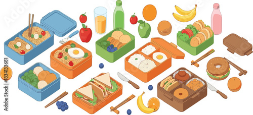 Isometric vector illustration set of colorful lunch boxes (Bento) filled with sandwiches, noodles, sushi, fruit, and drinks for healthy school or work meals.