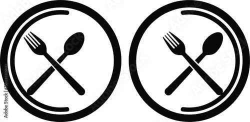 Minimalist black and white vector icon of a crossed fork and spoon on a plate, symbolizing a restaurant, dining area, or food service location for app design.