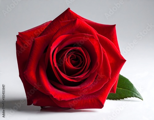 Elegant, deep red rose with velvety petals spiraling into its center, against a soft, neutral backdrop