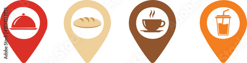 Vector location icons set for food and beverage spots, featuring restaurant, bakery, coffee shop, and fast drink pins for mobile application maps and interface design.