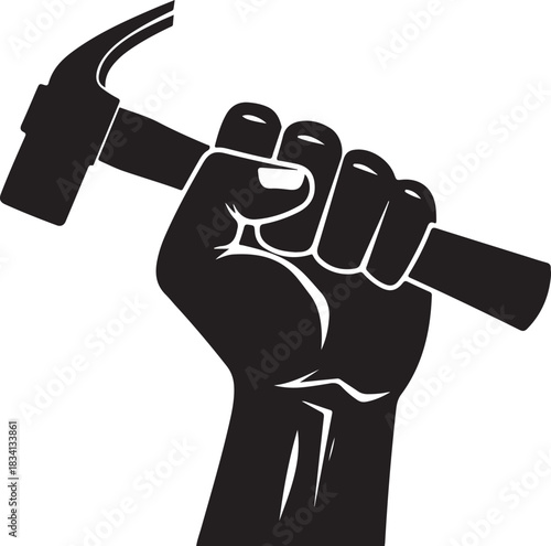 Black Silhouette Fist Holding Hammer on White Background hand tool