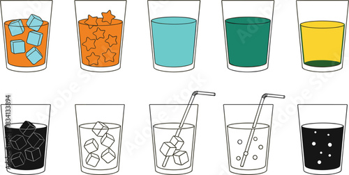 Diverse vector illustration set of beverages in glasses with ice cubes, liquid, bubbles, and straws, featuring both color and outline drawings for design projects.