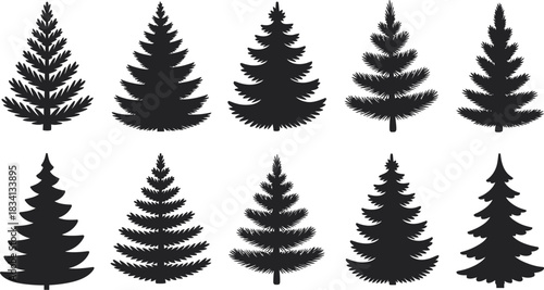 A diverse collection of black silhouette Christmas tree illustrations