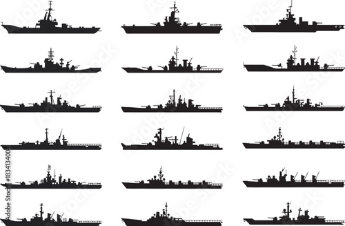 Minimalist Silhouette Collection Diverse Warship and Naval Vessel Graphics