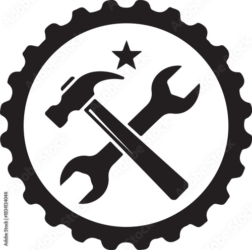 Circular Emblem with Crossed Hammer and Wrenches and Star gear cogwheel