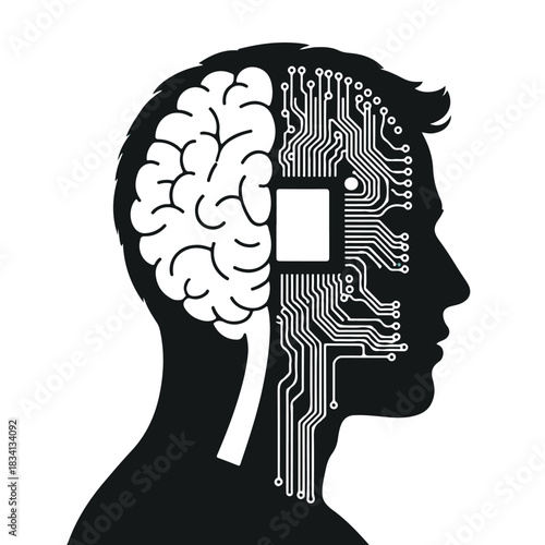 Minimalist Human Head Silhouette with Half Brain, Half Circuit Board – Artificial Intelligence Concept Vector