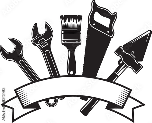 Construction Tools and Ribbon Emblem Black and White Vector Keywords: tools, wrench, adjustable