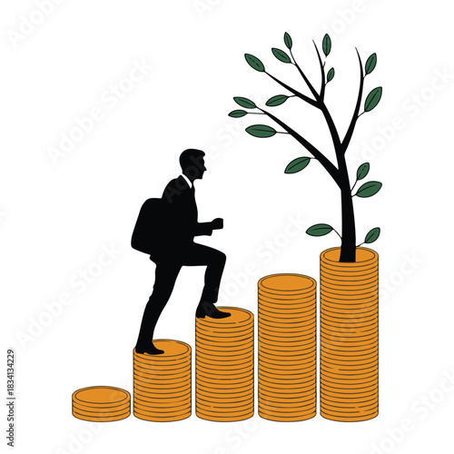 Man silhouette climbing staircase made of stacked coins, career growth and wealth concept 