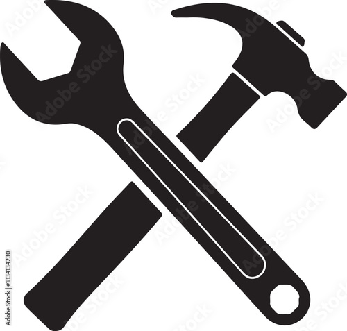 Crossed hammer and wrench icon on a white background tools construction