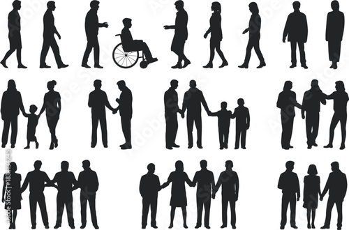 Diverse Group Silhouettes People Walking, Families, and Individuals
