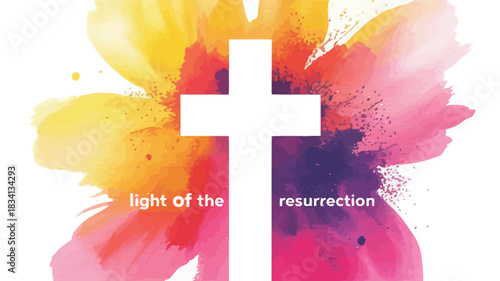 White christian cross emerging from vibrant watercolor splashes symbolizing resurrection and light