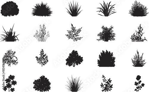 A minimalist graphic design featuring a set of garden bush silhouettes