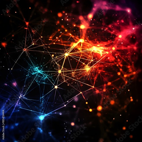Vibrant Abstract Network of Glowing Red Orange and Blue Lights image photo