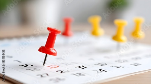 Close up of colorful red and yellow pushpins on a white calendar page highlighting key dates for planning appointments reminders and event organization in a business or personal context