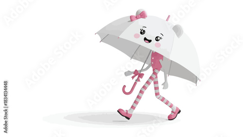 A Whimsical Stroll: a cute cartoon character is joyfully taking a walk while carrying umbrella with striped leggings.