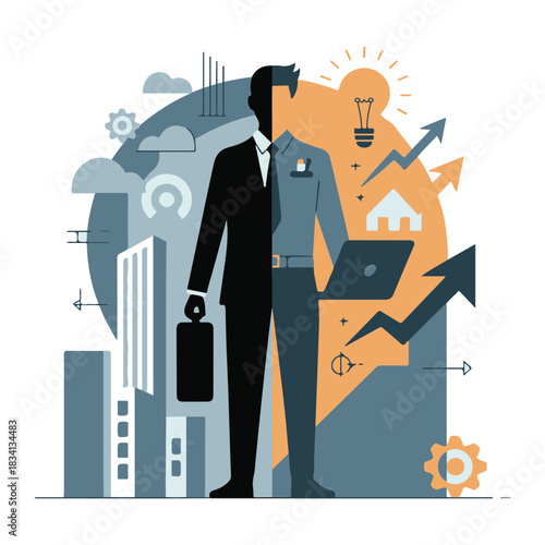 Split silhouette, one side office worker, other side free entrepreneur, career choice concept