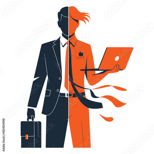 Split silhouette, one side office worker, other side free entrepreneur, career choice concept