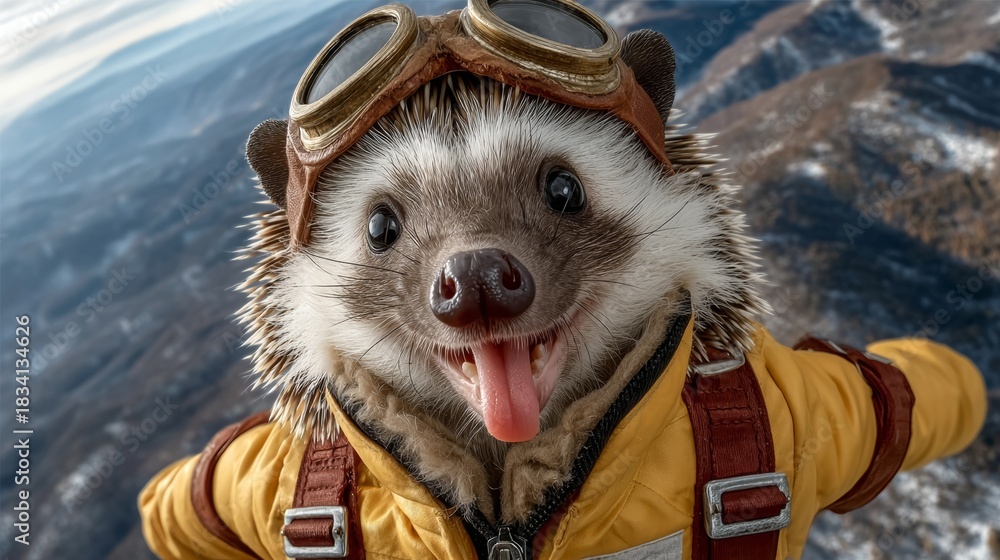 Obraz premium A small animal with a yellow jacket and goggles on its face is smiling and sticking its tongue out