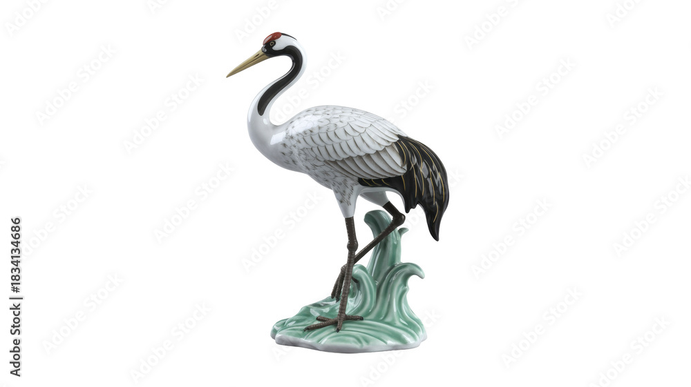 Obraz premium Elegant white and black crane figurine with red crown standing on stylized aqua waves, a beautiful porcelain sculpture. background removed