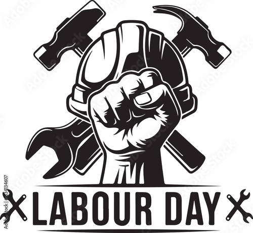 Fist holding construction tools with Labour Day text hand hammer