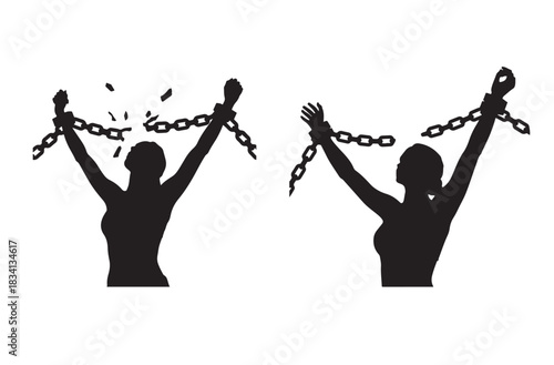 Woman Silhouette Breaking Chains – Freedom and Empowerment Vector Icon

Female Empowerment Silhouette Icon –