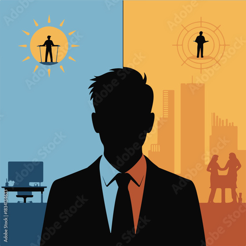 Split silhouette, one side office worker, other side free entrepreneur, career choice concept