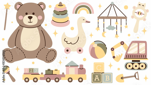 Beige wooden toys for children. Preschool toys to keep kids active.