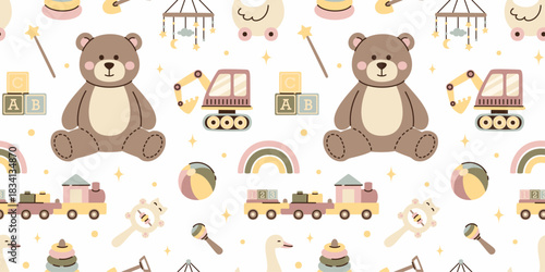 Seamless pattern with beige wooden toys for children. Preschool toys for children's activities.