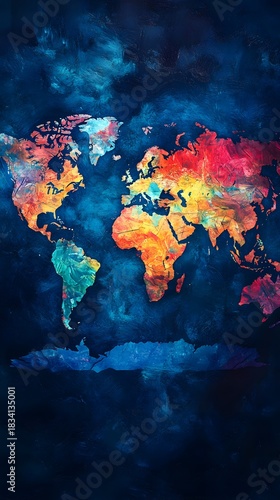 Vibrant Abstract World Map Painting with Textured Brushstrokes colorful photo