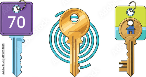 House and property keys vector illustration set featuring modern security icons for real estate access concepts
