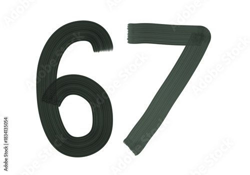 Number Sixty-seven, 67 made with Plaster Rake Brush on transparent background, Digit, Black color, Dark-green color, isolated background, Illustration, Typography, Handmade, Set 0-100