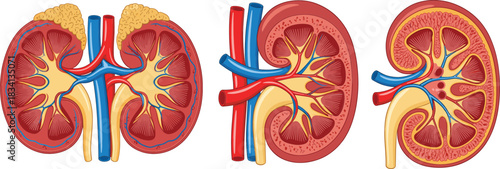 Human kidney anatomy vector illustration set showing cross section structure arteries veins and urinary system
