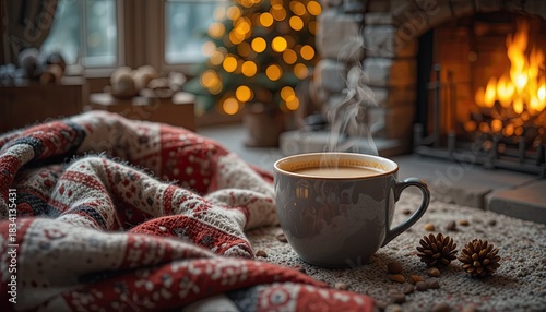nice cup of steaming coffee next to a festive blanket and a pleasant fireplace