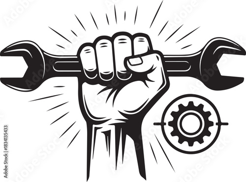 Fist Holding Wrench with Gear and Sunburst Graphic vector illustration