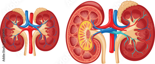Human kidney anatomy vector illustration comparison showing internal structure cross section blood vessels and renal system