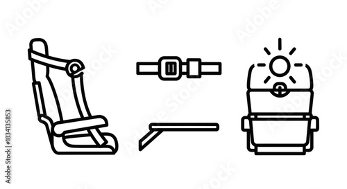 Airplane Passenger Seat, Seatbelt, Tray Table, and Overhead Console Line Icon Set.