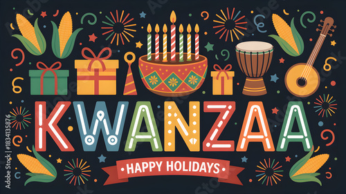 Wallpaper Mural Kwanzaa celebration illustration with kinara gifts corn and musical instruments Torontodigital.ca