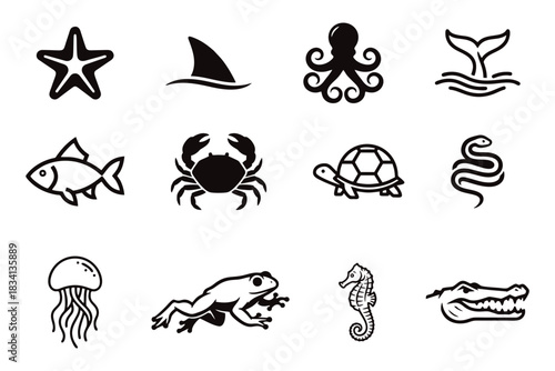 Black and White Sea & Swamp Animal Icon Set: Shark, Octopus, Crab, Jellyfish, Frog, and Crocodile