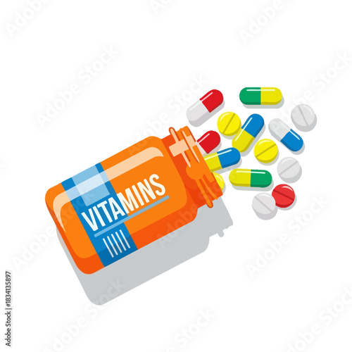 An open orange vitamin bottle with colorful assorted pills, tablets, and capsules spilling out.