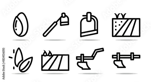 Agricultural Icons - Seeds, Tools, and Cultivated Land in Simple Line Art.